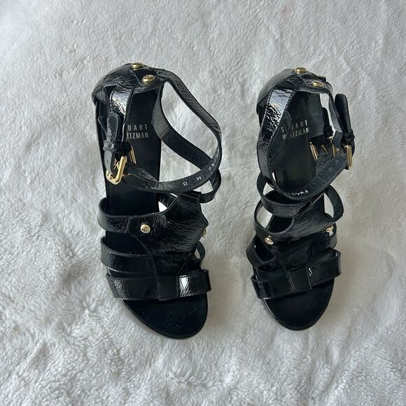 STUART WEITZMAN BLACK PATENT GLADIATOR PLATFORM SANDALS SZ 8 - Picture 3 of 6